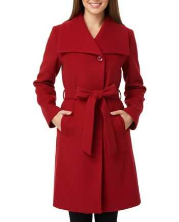 Women’s Elegant Lapel Wrap Red Wool Coat with Belt