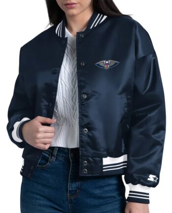 New Orleans Pelicans Printed Logo Navy Varsity Satin Jacket